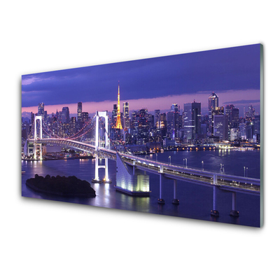 Glass Wall Art Bridge city architecture purple white yellow