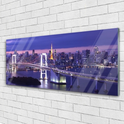 Glass Wall Art Bridge city architecture purple white yellow