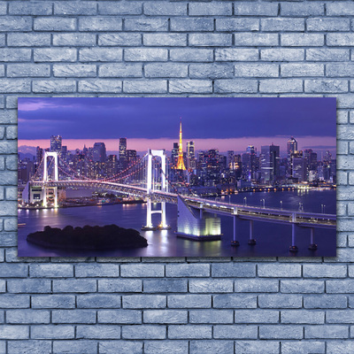 Glass Wall Art Bridge city architecture purple white yellow