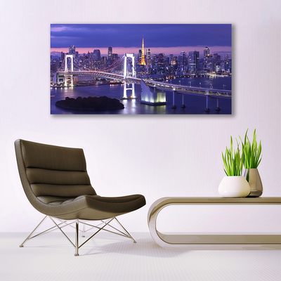 Glass Wall Art Bridge city architecture purple white yellow