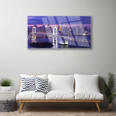 Glass Wall Art Bridge city architecture purple white yellow