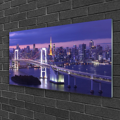 Glass Wall Art Bridge city architecture purple white yellow