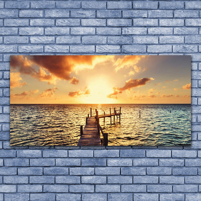 Glass Wall Art Sun bridge sea architecture yellow blue brown