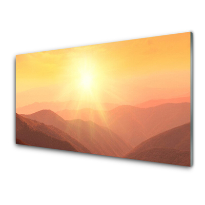 Glass Wall Art Sun mountains landscape yellow brown