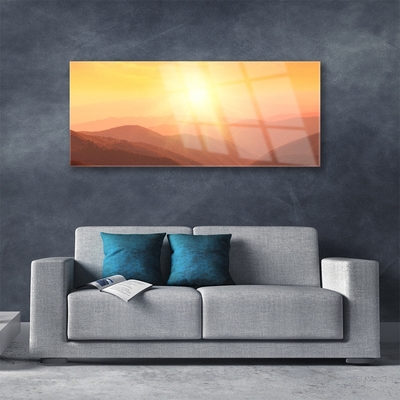 Glass Wall Art Sun mountains landscape yellow brown