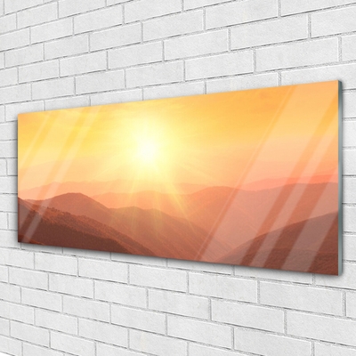 Glass Wall Art Sun mountains landscape yellow brown