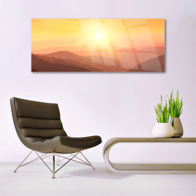 Glass Wall Art Sun mountains landscape yellow brown