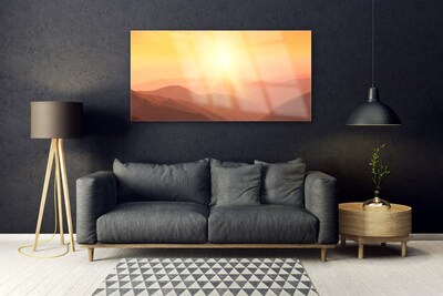 Glass Wall Art Sun mountains landscape yellow brown