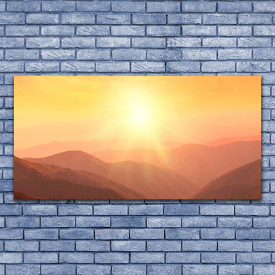 Glass Wall Art Sun mountains landscape yellow brown