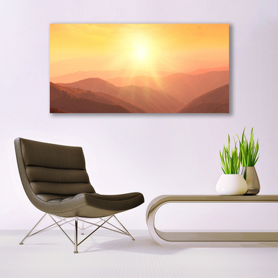 Glass Wall Art Sun mountains landscape yellow brown