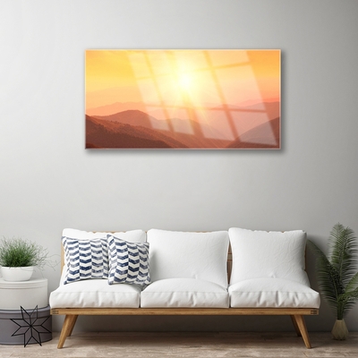 Glass Wall Art Sun mountains landscape yellow brown