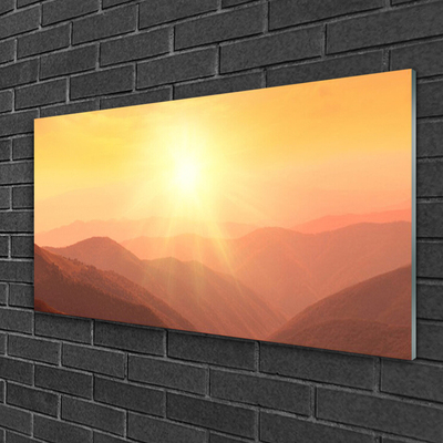 Glass Wall Art Sun mountains landscape yellow brown