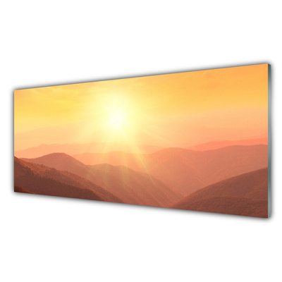 Glass Wall Art Sun mountains landscape yellow brown