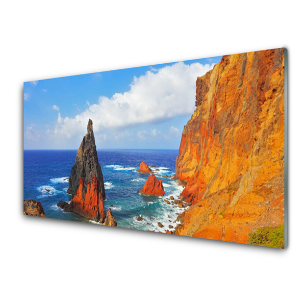 Glass Wall Art Rock sea landscape yellow grey brown blue