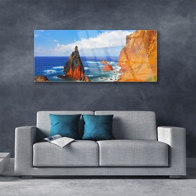 Glass Wall Art Rock sea landscape yellow grey brown blue