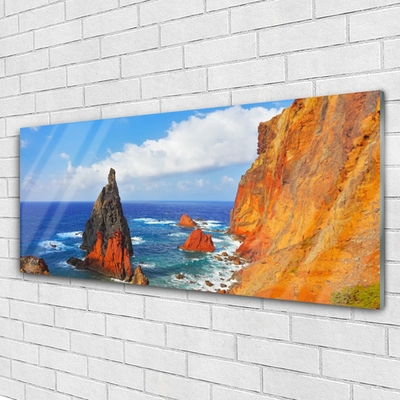 Glass Wall Art Rock sea landscape yellow grey brown blue