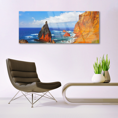 Glass Wall Art Rock sea landscape yellow grey brown blue