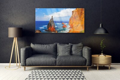 Glass Wall Art Rock sea landscape yellow grey brown blue