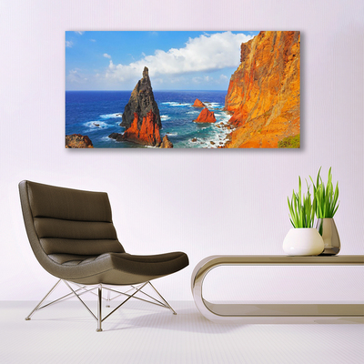 Glass Wall Art Rock sea landscape yellow grey brown blue