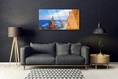 Glass Wall Art Rock sea landscape yellow grey brown blue