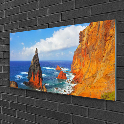 Glass Wall Art Rock sea landscape yellow grey brown blue