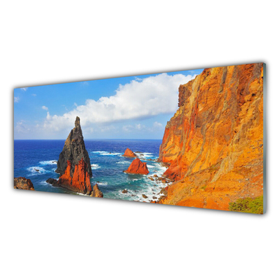 Glass Wall Art Rock sea landscape yellow grey brown blue