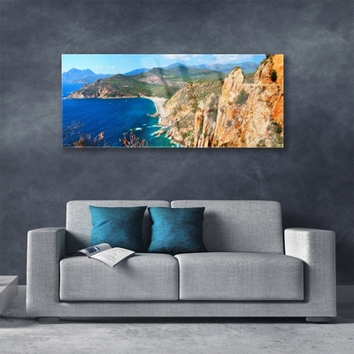 Glass Wall Art Sea mountains landscape yellow grey blue green