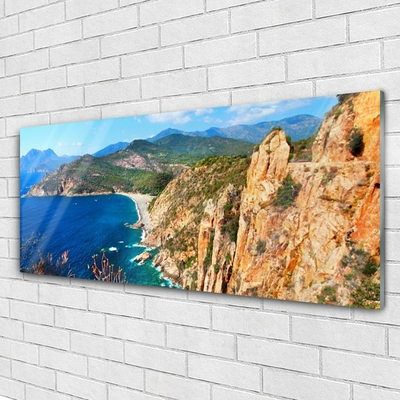 Glass Wall Art Sea mountains landscape yellow grey blue green