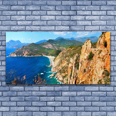 Glass Wall Art Sea mountains landscape yellow grey blue green