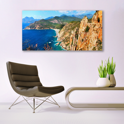 Glass Wall Art Sea mountains landscape yellow grey blue green