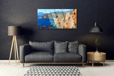 Glass Wall Art Sea mountains landscape yellow grey blue green