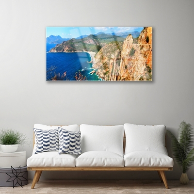 Glass Wall Art Sea mountains landscape yellow grey blue green