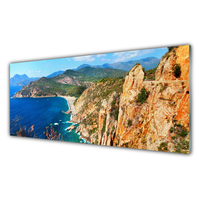 Glass Wall Art Sea mountains landscape yellow grey blue green