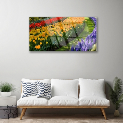 Glass Wall Art Flowers floral green red yellow purple