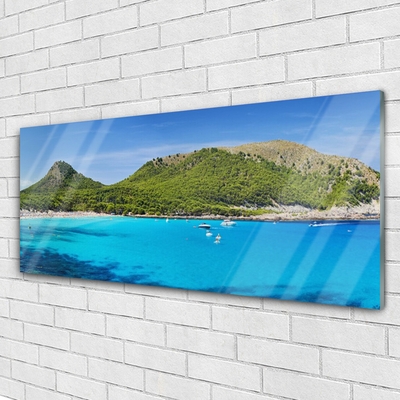 Glass Wall Art Mountain sea landscape grey green blue