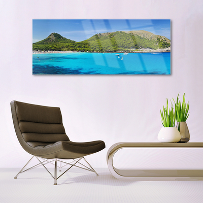 Glass Wall Art Mountain sea landscape grey green blue