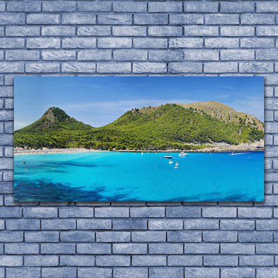 Glass Wall Art Mountain sea landscape grey green blue