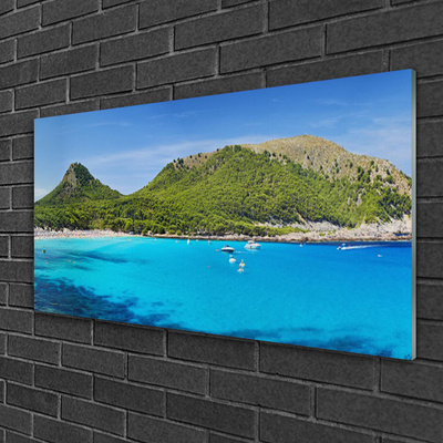 Glass Wall Art Mountain sea landscape grey green blue