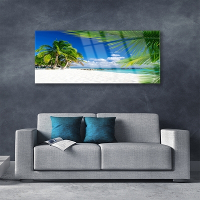 Glass Wall Art Beach palm trees landscape brown green