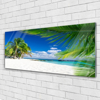 Glass Wall Art Beach palm trees landscape brown green