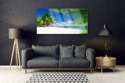 Glass Wall Art Beach palm trees landscape brown green