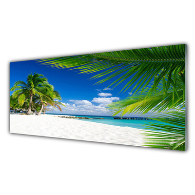 Glass Wall Art Beach palm trees landscape brown green