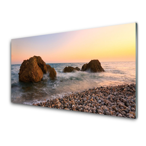 Glass Wall Art Rock stones sea landscape brown grey blue