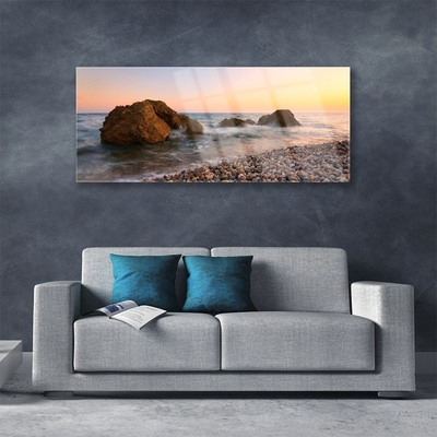 Glass Wall Art Rock stones sea landscape brown grey blue