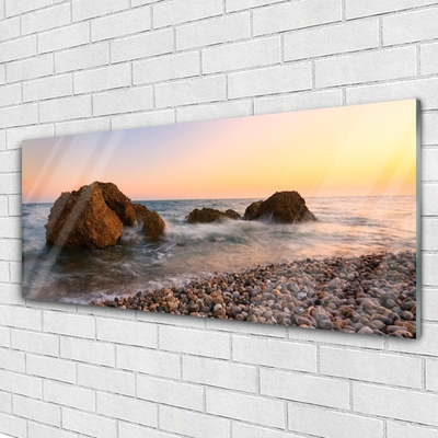 Glass Wall Art Rock stones sea landscape brown grey blue