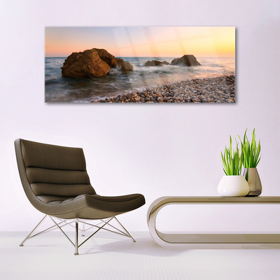 Glass Wall Art Rock stones sea landscape brown grey blue