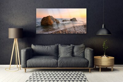 Glass Wall Art Rock stones sea landscape brown grey blue