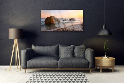 Glass Wall Art Rock stones sea landscape brown grey blue