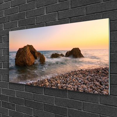 Glass Wall Art Rock stones sea landscape brown grey blue