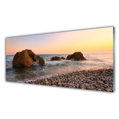 Glass Wall Art Rock stones sea landscape brown grey blue